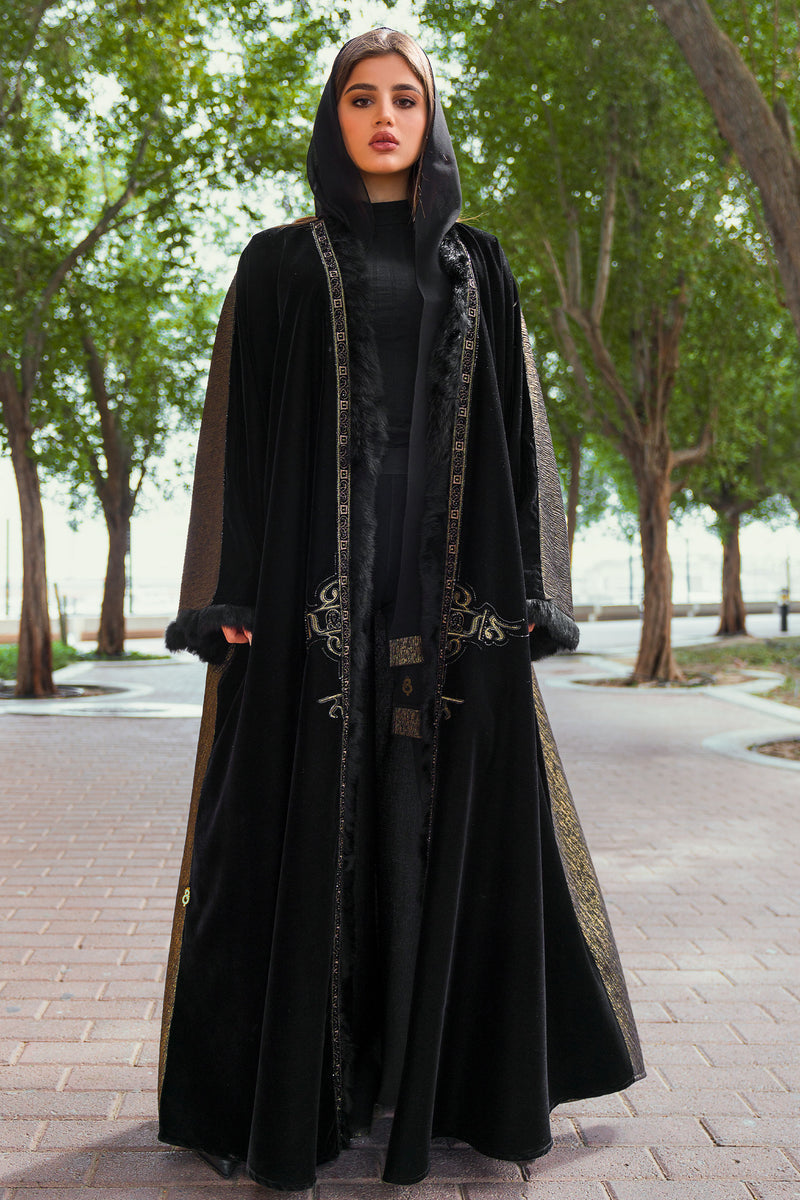 BLACK EMBRODERED VELVET BISHT OPEN ABAYA