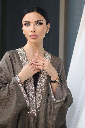 OLIVE GREEN CRYSTALIZED LINEN ABAYA