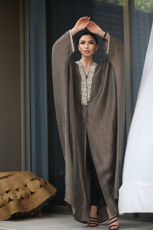 OLIVE GREEN CRYSTALIZED LINEN ABAYA