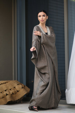 OLIVE GREEN CRYSTALIZED LINEN ABAYA