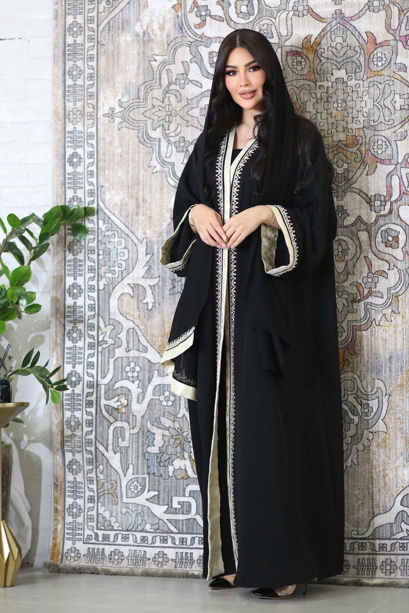 BLACK EMBROIDERED SOALAN OPEN  ABAYA