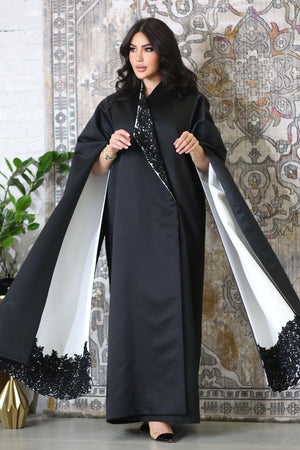 WHITE BLACK COLLAR SATIN OPEN ABAYA