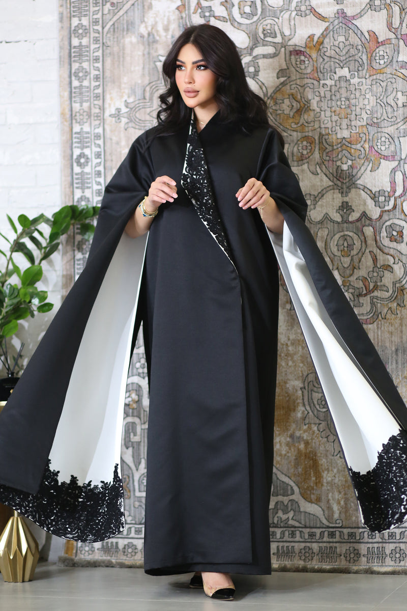 WHITE BLACK COLLAR SATIN OPEN ABAYA