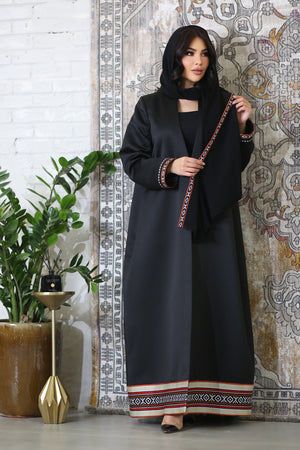 BLACK  ECCENTRIC EMBROIDERED OPEN ABAYA.