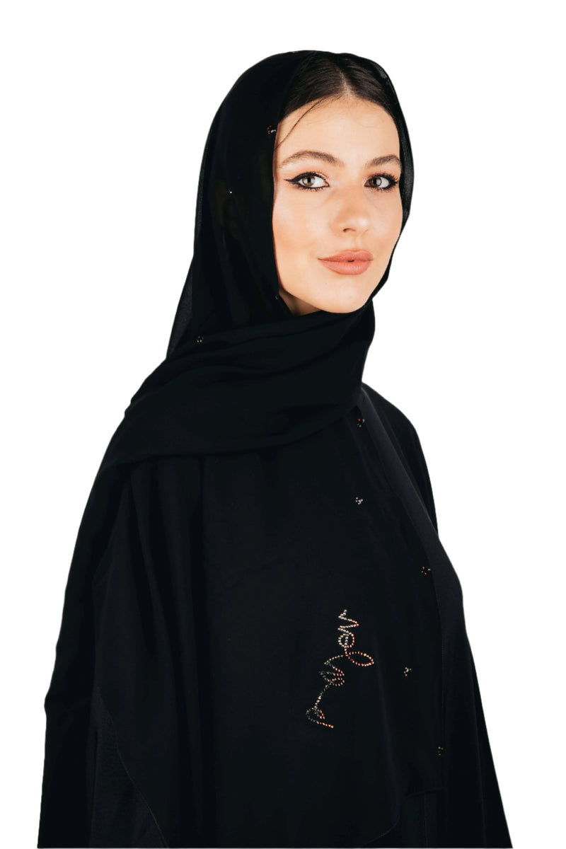 BLACK BAROQUE SWAROVSKI CRYSTALIZED CHIFFON SCARVE.