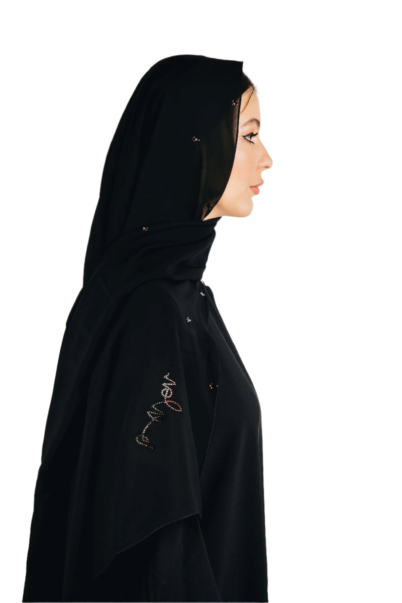 BLACK BAROQUE SWAROVSKI CRYSTALIZED CHIFFON SCARVE.