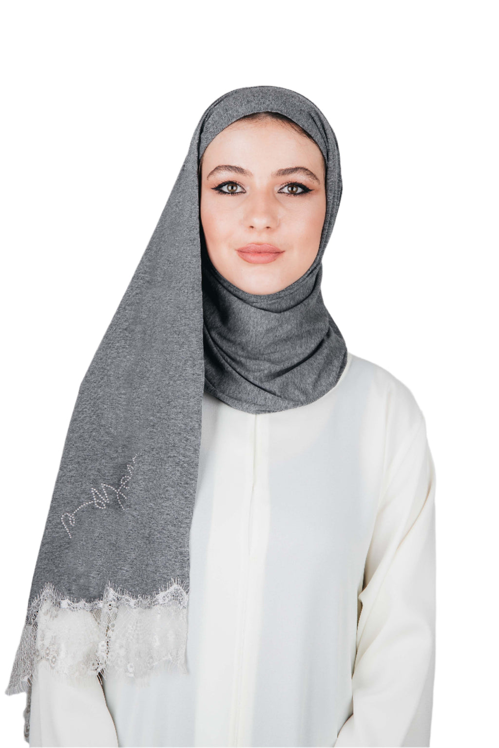 DARK GREY STRETCH COTTON FRENCH LACE SCARVE.