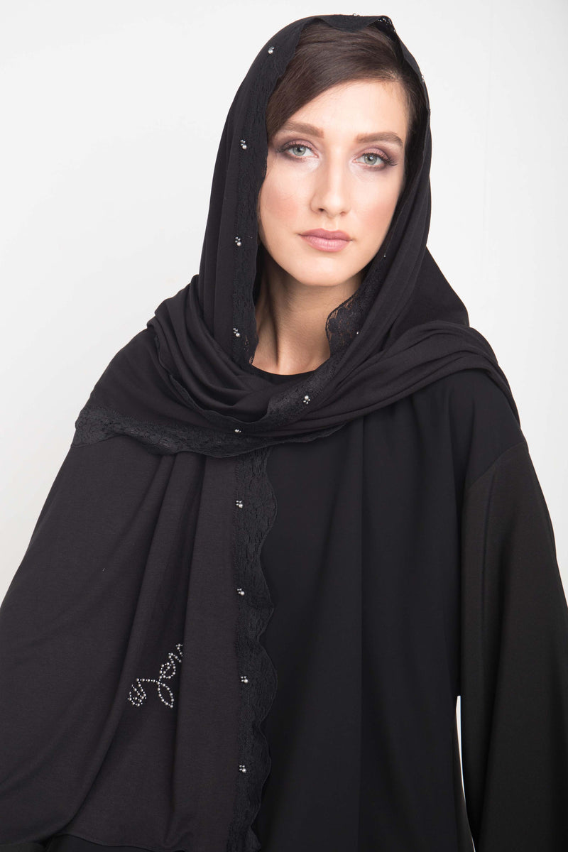 BLACK DOUBLE STRETCH LACE SWAROVSKI CRYSTALIZED SHEILA.