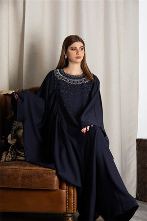 NAVY BLUE HAND EMBROIDERED PLEATED SLEEVES ABAYA.