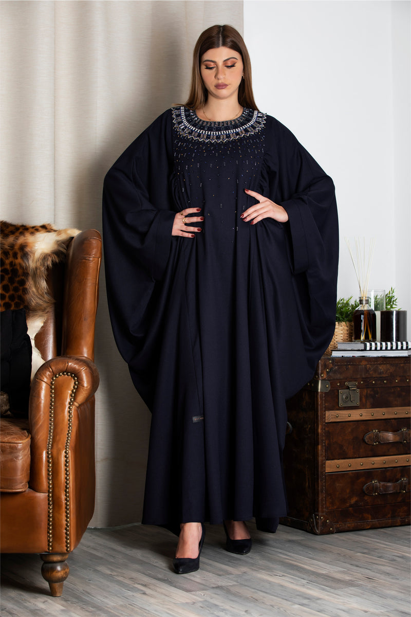 NAVY BLUE HAND EMBROIDERED PLEATED SLEEVES ABAYA.
