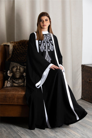 BLACK FLORAL EMBROIDERED STRIPE ABAYA.