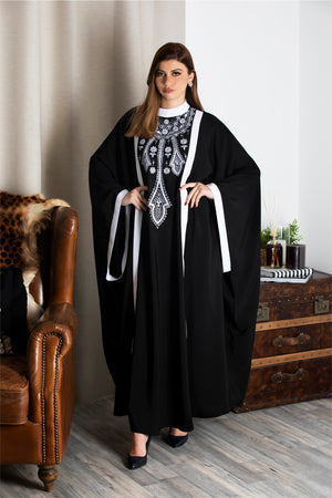 BLACK FLORAL EMBROIDERED STRIPE ABAYA.