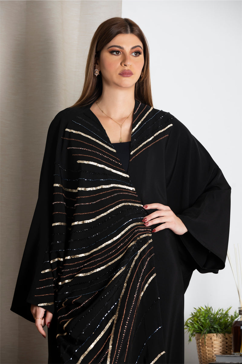 BLACK SEQUINS HAND EMBROIDERED SOLOAN ABAYA.