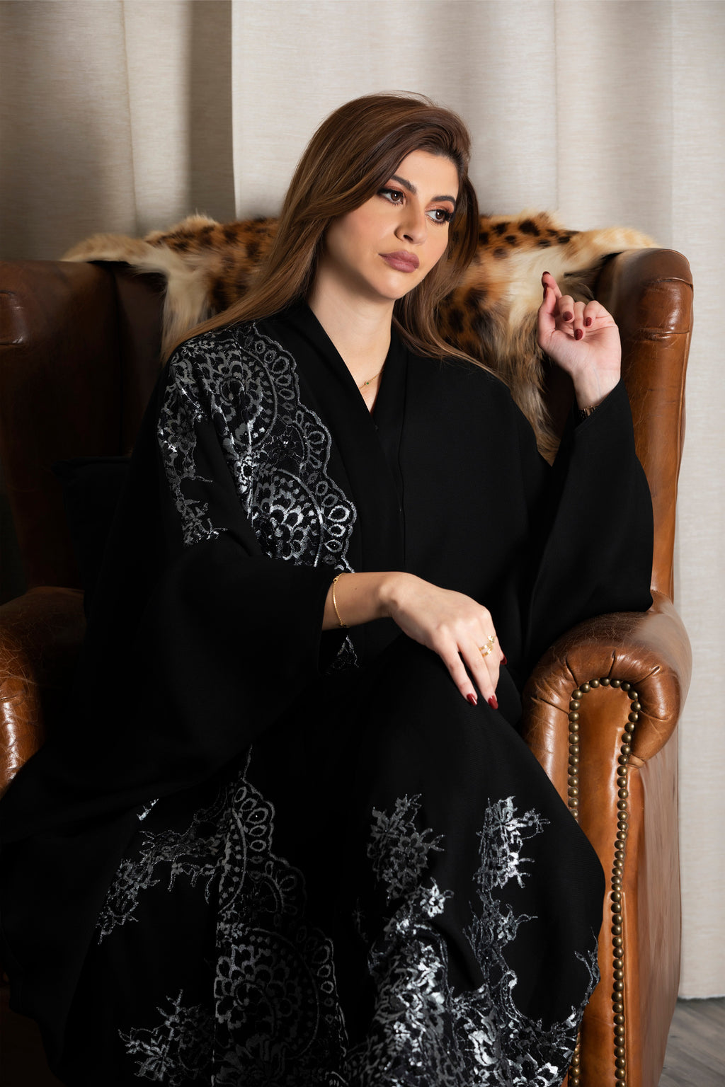 BLACK EMBROIDERED SILVER LACE SOALON ABAYA.