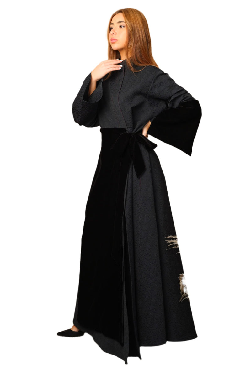 BLACK VELVET JACQUARD KIMONO CLOSED ABAYA