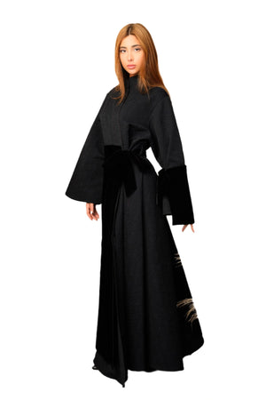 BLACK VELVET JACQUARD KIMONO CLOSED ABAYA