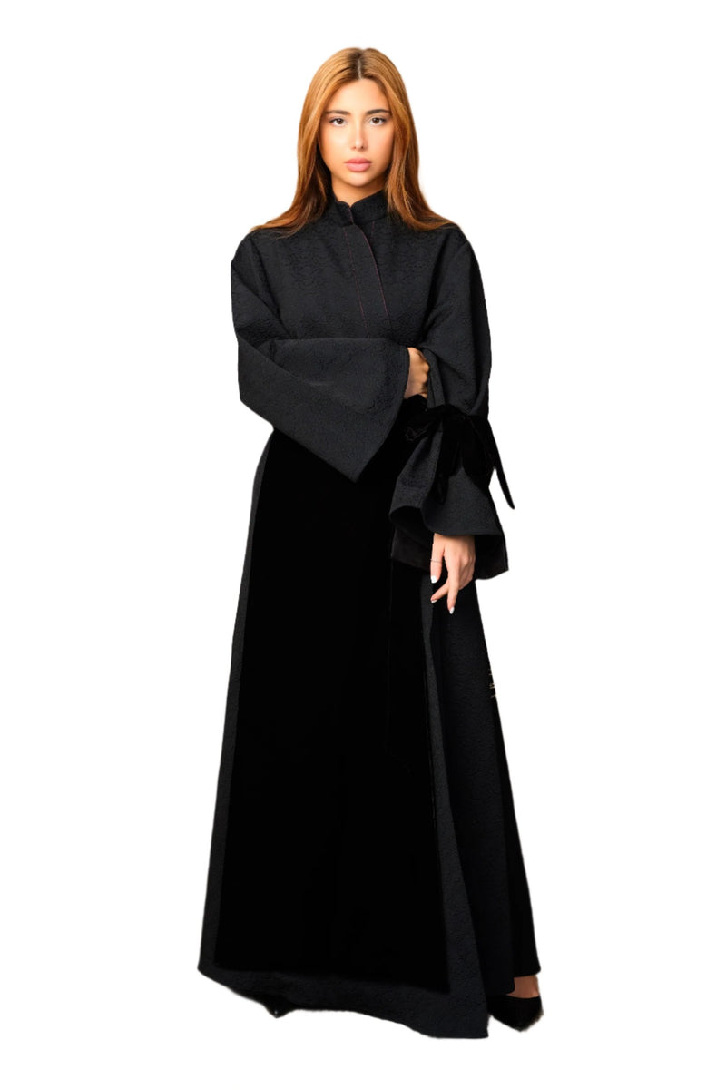 BLACK VELVET JACQUARD KIMONO CLOSED ABAYA