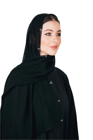 BLACK TRIANGULAR SWAROVSKI CRYSTALIZED CHIFFON SCARVE.