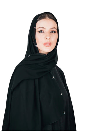 BLACK TRIANGULAR SWAROVSKI CRYSTALIZED CHIFFON SCARVE.