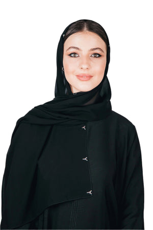BLACK TRIANGULAR SWAROVSKI CRYSTALIZED CHIFFON SCARVE.