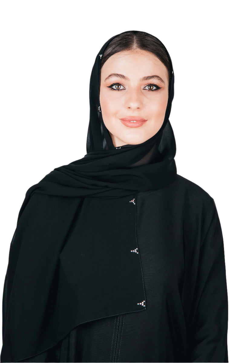 BLACK TRIANGULAR SWAROVSKI CRYSTALIZED CHIFFON SCARVE.