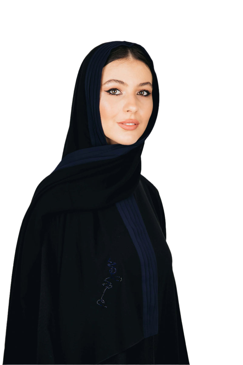 NAVY BLUE PLEATED HEM CHIFFON CREPE SCARVE.